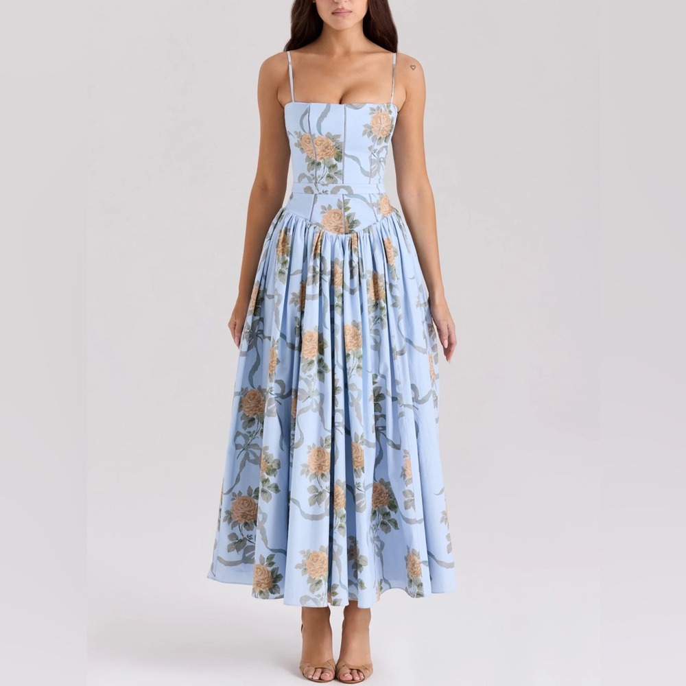 House of CB Powder Blue Floral Midi Dress with Peach Roses